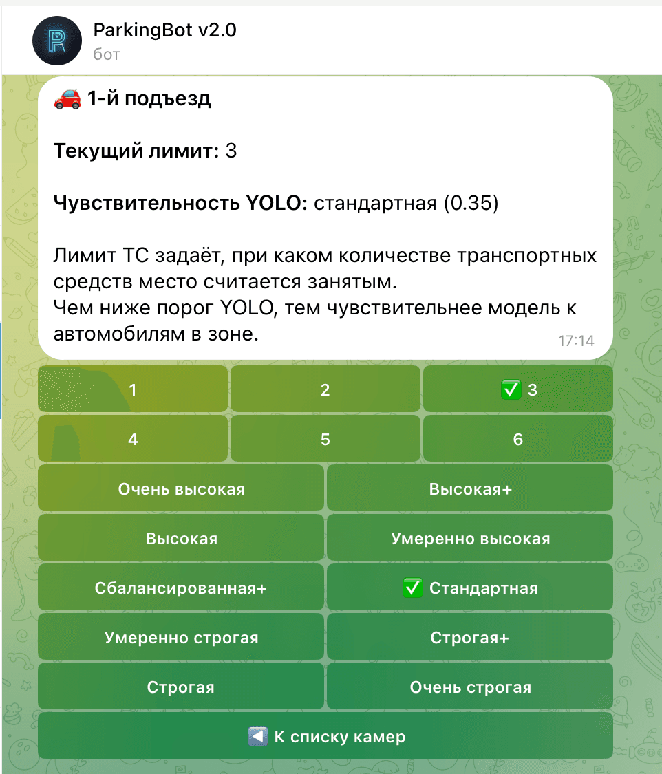 Возможно гибкая настройка чувствительности анализа поиска парковочных мест.
