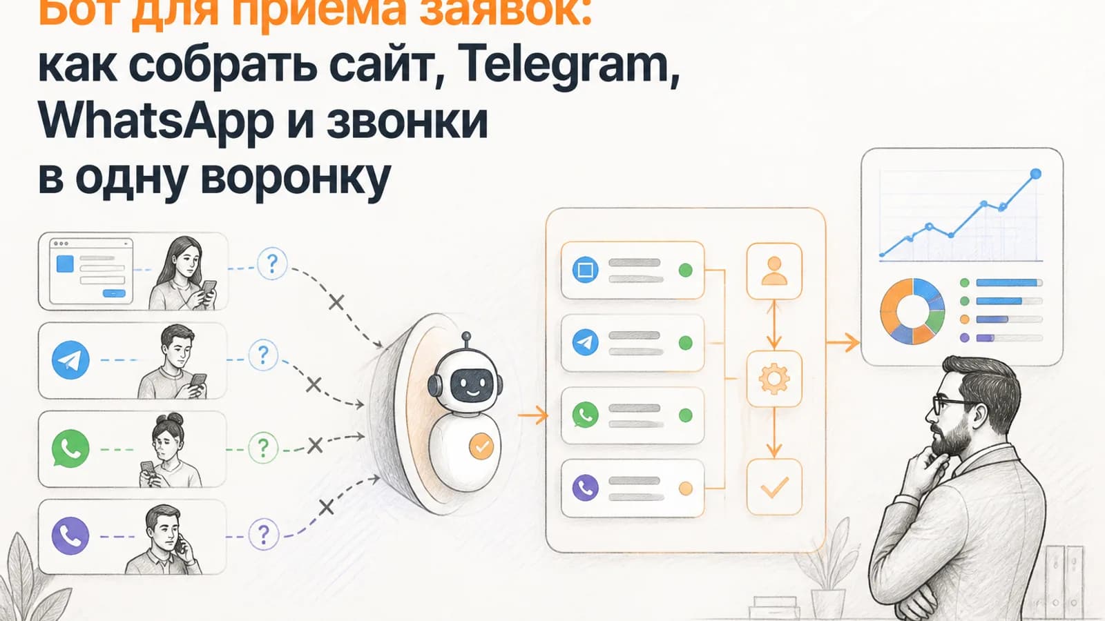 Lead intake bot: как собрать сайт, Telegram, WhatsApp и звонки в одну воронку